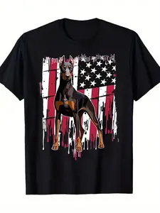 Men's & Women's Doberman Pinscher American Flag T-Shirt - Retro Breed Design Dog Lover Tee, 220GSM Pure Short Sleeve Shirt, All-Season Casual Wear for Doberman Owners (Unisex)