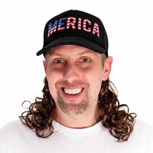 USA Black Mullet Hat Brown Wig Merica Redneck 4th of July All American Costume