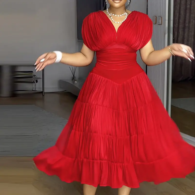 ChicMe Textured V Neck Sleeveless Valentine's Day Ruched Ruffles Hem Dress Casual Waist A Line Party Midi Dress for Wedding & Wedding Guest