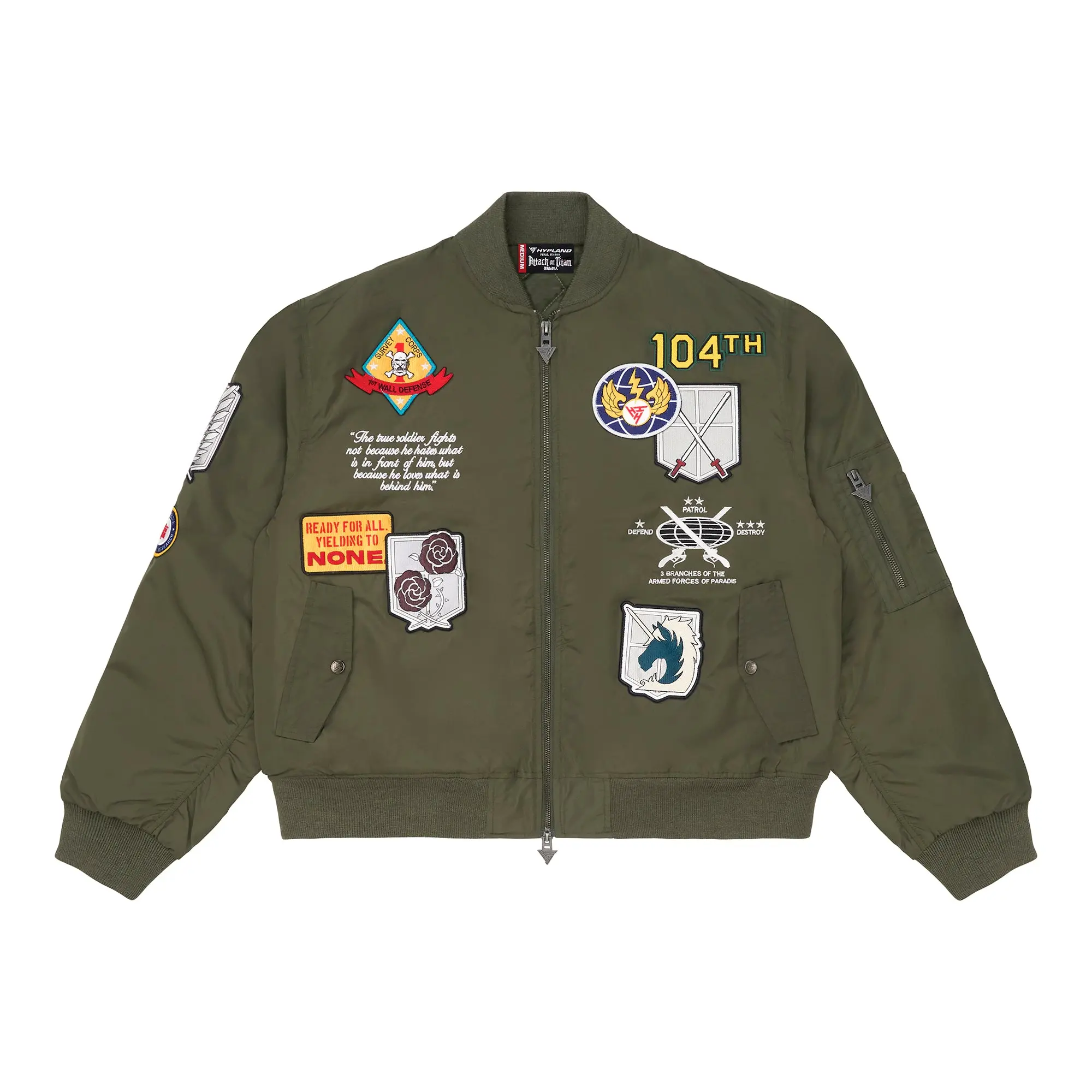 Men's Quilted Flight Jacket - Official Attack on Titan Collaboration Coat with Graphics, Green Menswear