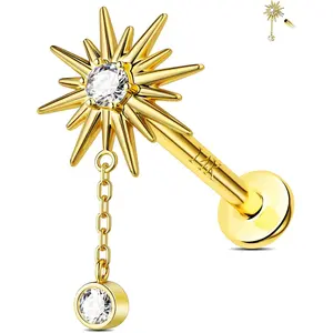 Jewseen 14K Solid Gold Threadless Flat Back Earrings 16g Cartilage Stud Dangle Tragus Stud Earrings for Women Men
