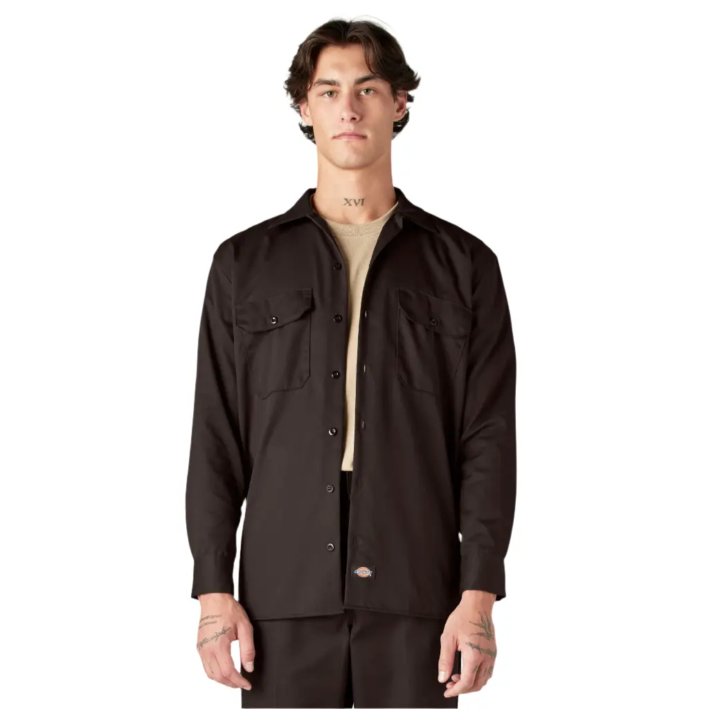 Dickies Men's Plain Long Sleeve Collared Button-Front Shirt - Generous-Cut Easy-Care Stain Release Dark Brown Work Top, Button Closure, Autumn Medium, Fabric & Chest Pocket, Casual Chic Minimalist, Ideal for Pants Pairing, Menswear, Classic