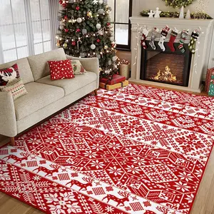 Christmas Theme Reindeer Geometric Design Living Room Carpet, Luxury Soft Non-Slip Washable Bedroom Rug, Perfect Holiday Gift