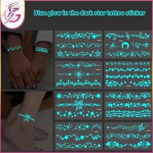 Blue Glow-In-The-Dark Star Tattoo Stickers, Various Cute Unique Patterns, Butterfly Heart Designs, Arm Couple Tattoos, 10 Sheets