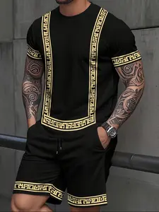 Men's short-sleeved crew neck tracksuit, featuring a short-sleeved T-shirt and drawstring shorts, with a 3D printed design. Casual summer wear.