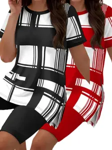 Plus Size Women's Casual Two-Piece Set - Plaid Color Block Print, Short Sleeve Top and Shorts, Two-Sided Split, Fashionable Comfortable Regular Leisure Wear, Round Neck Polyester Pullover