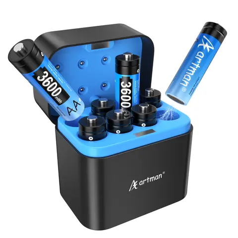 Artman Rechargeable Lithium AA Batteries with Charger, 8 Pack 3600mWh Lithium Batteries AA, 1.5V Constant Output Double A Battery with Integrated Charging Storage Box, Recharge up to 2000x Times(Blue)