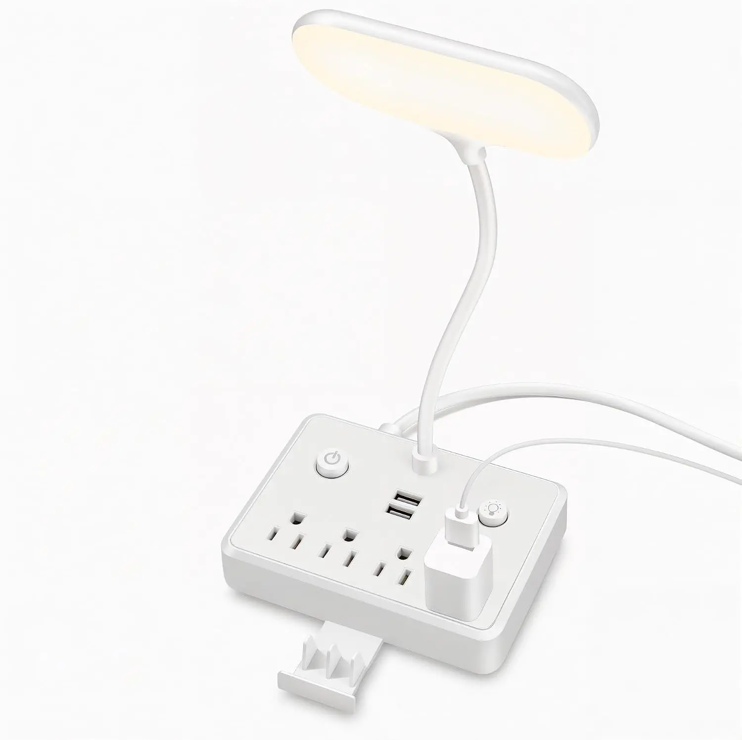 LED Desk Lamp US Plug, Power Outlet with Dimming Night Light Desk Light, Adjustable Lamp Arm, Table Lamps 3 Lighting Modes Desktop Charging Extension Lead 4 AC Power Outlet and 2 USB Charging Ports for Travel Home Office