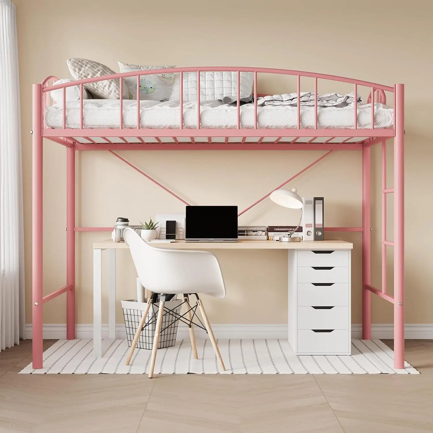 Twin Loft Bed – Heavy Duty Metal Frame with Arched Guardrail and Safety Ladder  Space-Saving Pink
