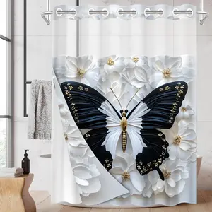 1PC 2D Flat Black and White Butterfly Pattern Double-Layer Woven Shower Curtain (No Hooks), Transparent Top Window, Removable Lining with Clips, Modern and Unique Home Bathroom Partition Art Decoration, Bathroom Decor, Holiday Decoration