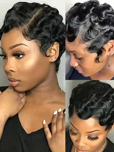Finger Wave Pixie Cut Wig for Women Curly Wave Wig Halloween Wig Full Machine Made Wig 150% Density 6 Inch Pixie Wigs