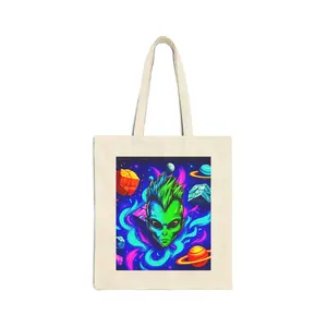 Cosmic Alien Graphic Tote Bag, Reusable Grocery Bag, Eco-Friendly Shopping Tote, Space Art Bag, Gift for Sci-Fi Lovers