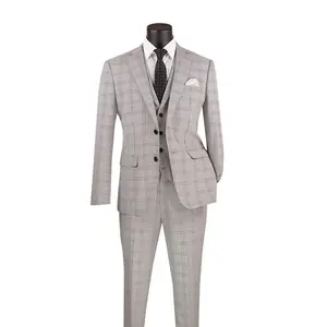 Barnard Collection: Men's Single Breasted Slim Fit Windowpane 3-Piece Suit in Grey