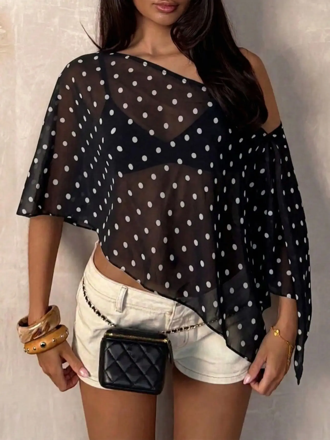 Women's Polka Dot One-Shoulder Sheer Top, Asymmetrical Hem Loose Mesh Cutout Blouse Womenswear Boho Style Shirt