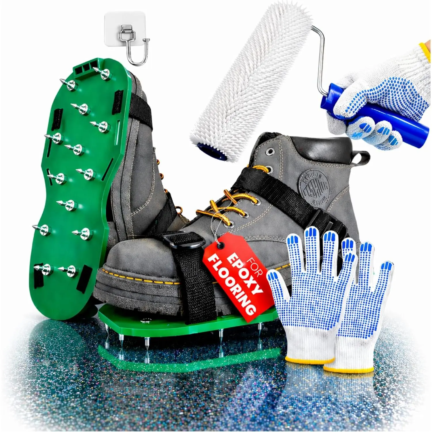 Premium 9-Inch Spiked Roller for Epoxy Floor, Self-Leveling Compound, Concrete Cement Follower, Paint - Includes Spiked Shoes, Dotted Gloves, Screed, Decking Roller, Tiling Roll, Wall Hook, 2 Straps - For Basement, 30-Day Money-Back Guarantee, Wrench