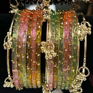 Colorful Glass Raindrop Bangles Set with 12 Glass & 4 Kashmiri Bangles Gold Accents Dangling Charms for Women's Fashion Jewelry 16 Pieces Total