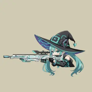 Miku Cyber Witch Sniper Girl Sticker, Futuristic Anime Mage with Sci-Fi Rifle, Cool Tech Fantasy Vinyl Decal