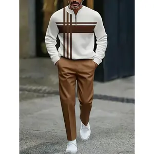 Half Zipper Fashion Casual Set with Trendy and Personalized Stripe Design, Simple, Comfortable and Versatile