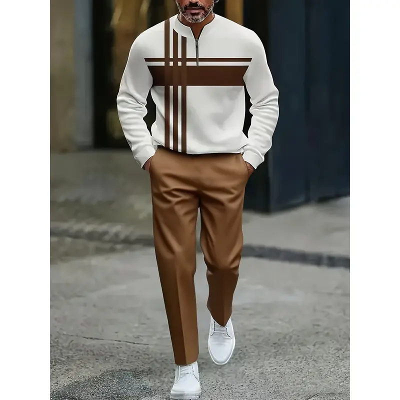 Half Zipper Fashion Casual Set with Trendy and Personalized Stripe Design, Simple, Comfortable and Versatile