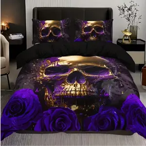 3pcs Fashion Novelty Skull Digital Print Bedding Set, Stylish Three-Piece Sheet Cover, Unique Design Home Textiles Bed Sets