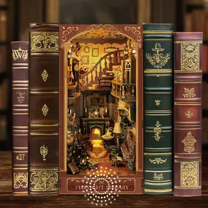Firelight Library Book Nook, DIY Miniature House Puzzle for Magical Home Decor, 3D Bookshelf Decor for Adults, Teens, and Beginners