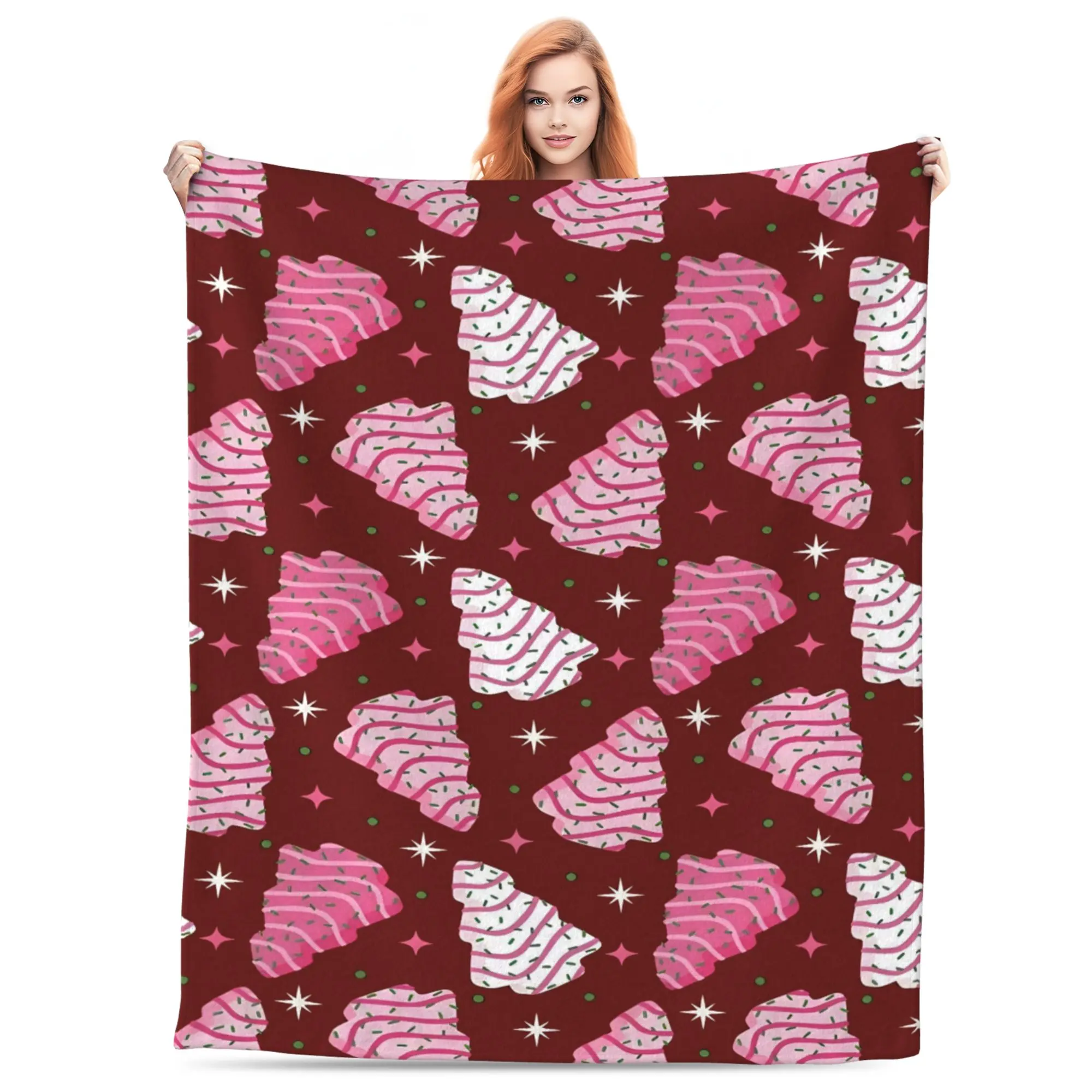 Christmas Tree-Shaped Sweet Treats Pattern Blanket, Soft Cozy for Bedroom Living Room Holiday Decor