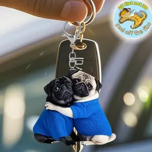 Hugging Pug Each Other Pendant Keychain, Puppy 2D Flat Acrylic Ornament Charm, Hanging Decoration for Cars, Bags, Festive Occasions, Parties, Gifts