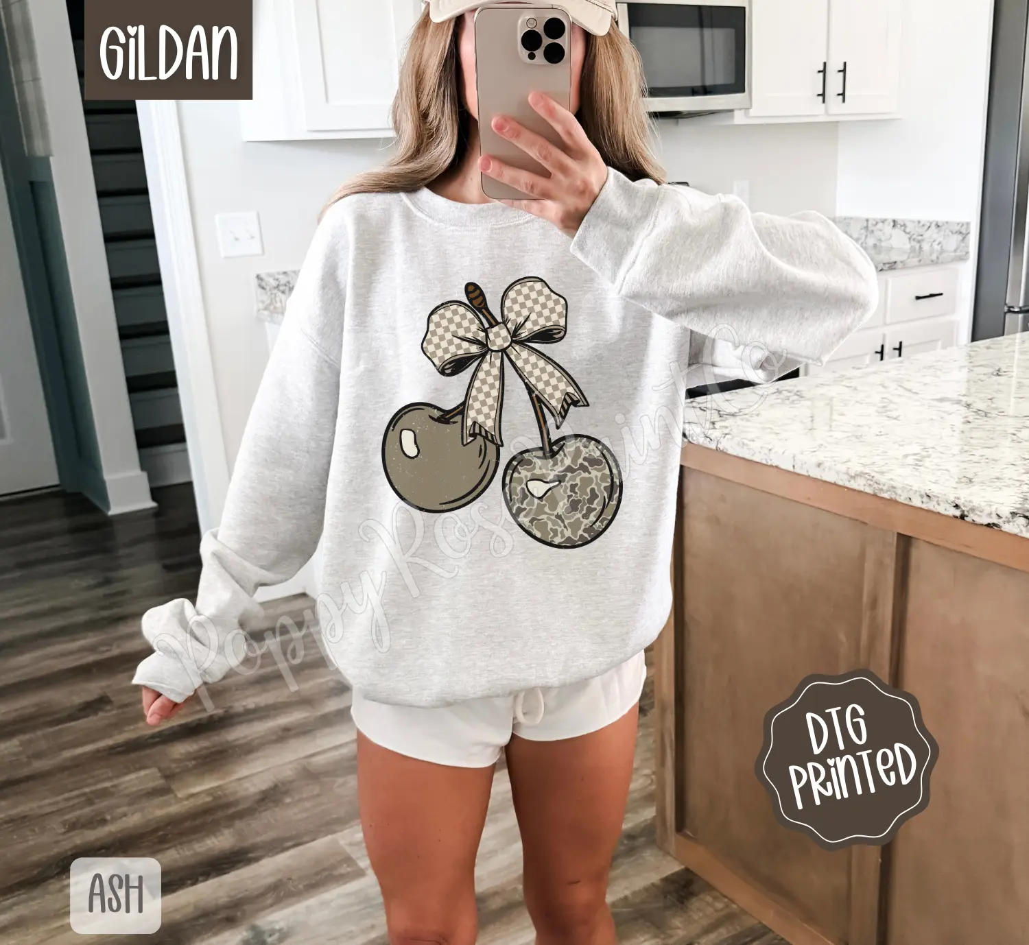 Checkered Camo Cherries Sweatshirt, Trendy Women's Sweater