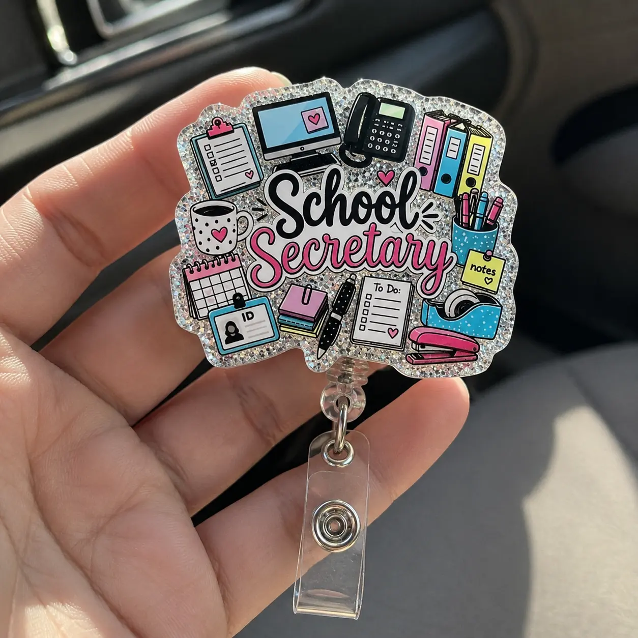 Badge Reel for School Secretary, Cute Front Office Glitter Acrylic School ID Holder, Retractable Clip Admin Staff Appreciation Gift