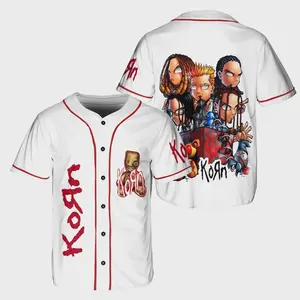 Korn Baseball Jersey | Nu Metal Band Cartoon Graphic | Classic Rock Concert Apparel | White Button-Up Music Shirt | Alternative Streetwear | Unisex Tee for Rock & Metal Fans