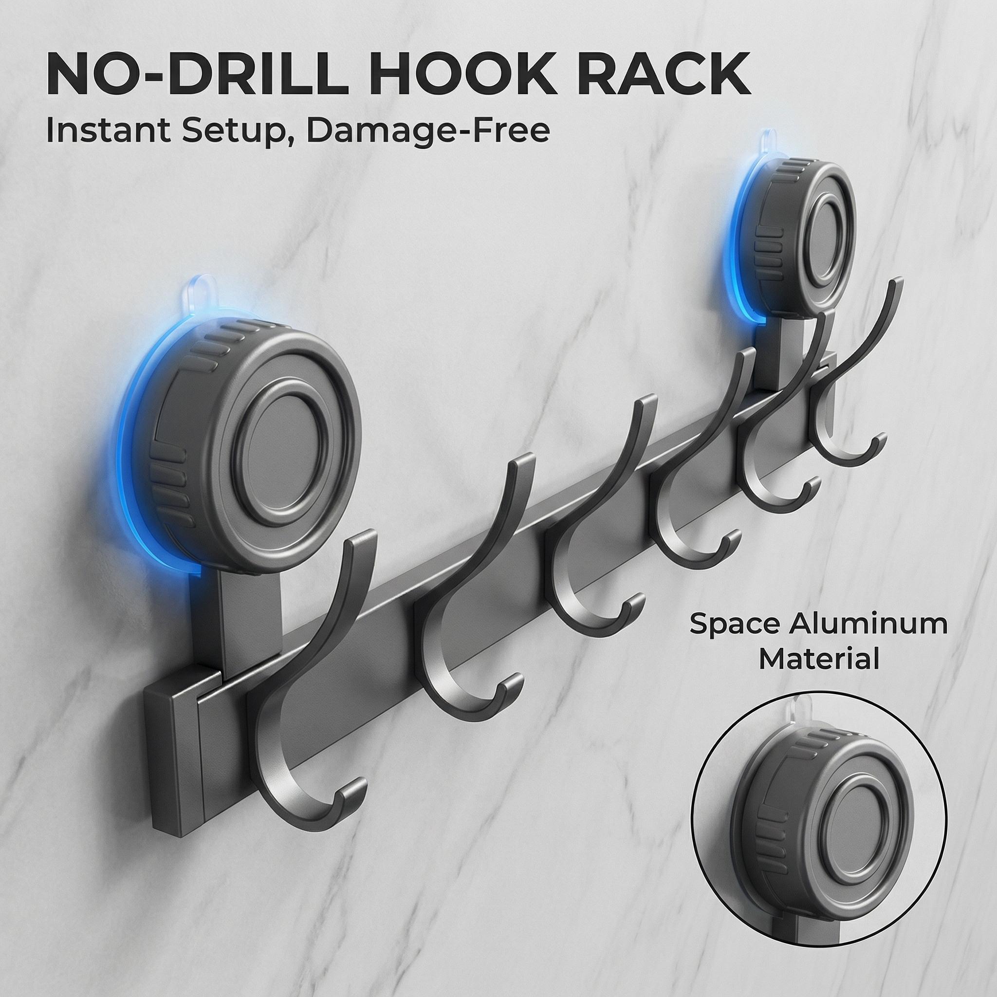 No Drill Suction Cup Hook Rack, Heavy Duty Space Aluminum Wall Hooks for Bathroom Kitchen, 10KG Load Bearing Waterproof Towel Rack