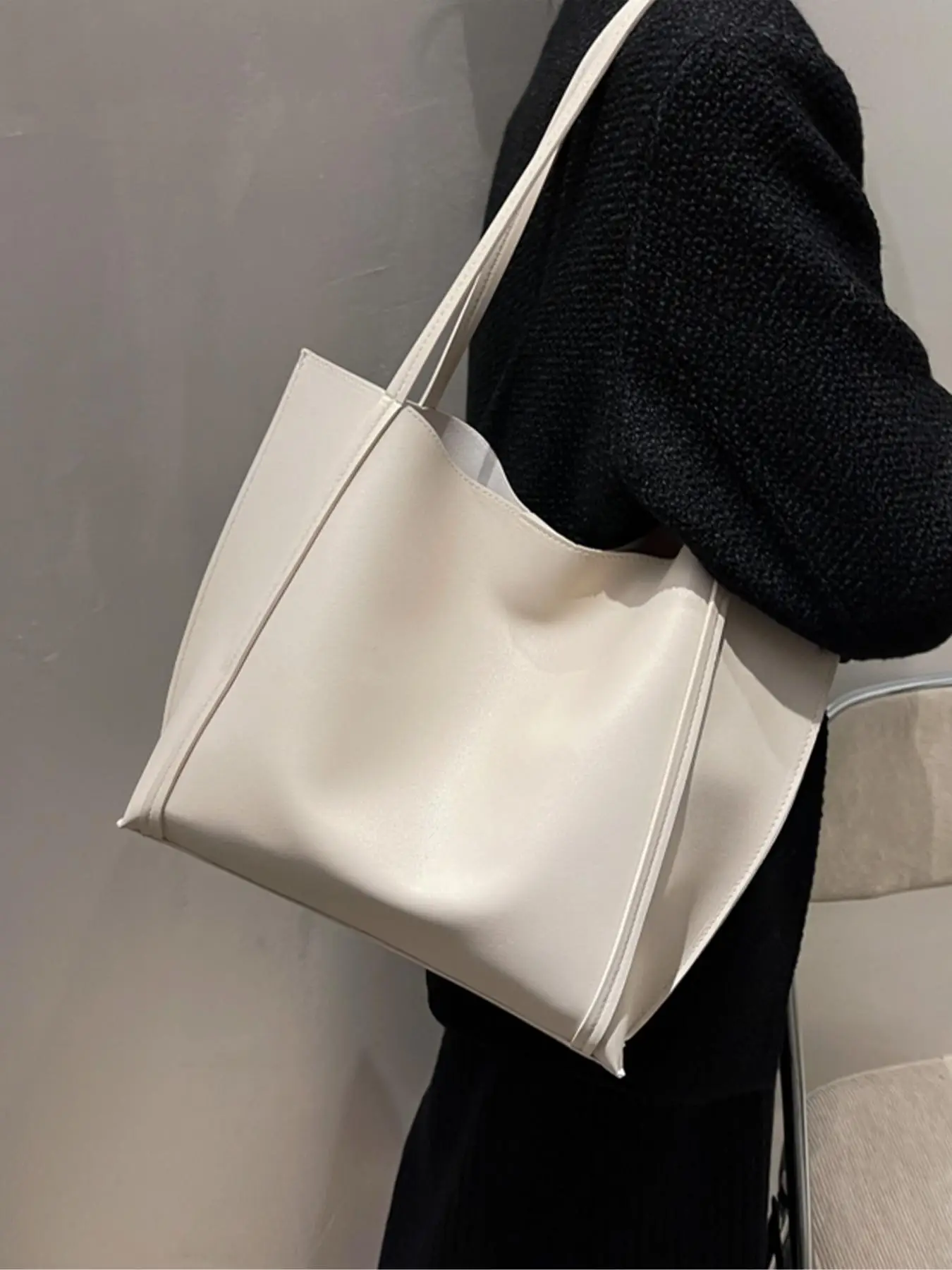 2pcs Women's Simple Plain Color Pu Leather Bag, Large Capacity Shoulder Bag with Make up Bag, Casual Trendy Versatile High-quality Daily Commuting Bag