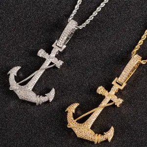 Luxury Anchor Necklace for Men, Sparkly Silver and Golden CZ Pendant Chain, Bold Nautical Hip Hop Statement Jewelry, Eye Catching Streetwear Gift Piece
