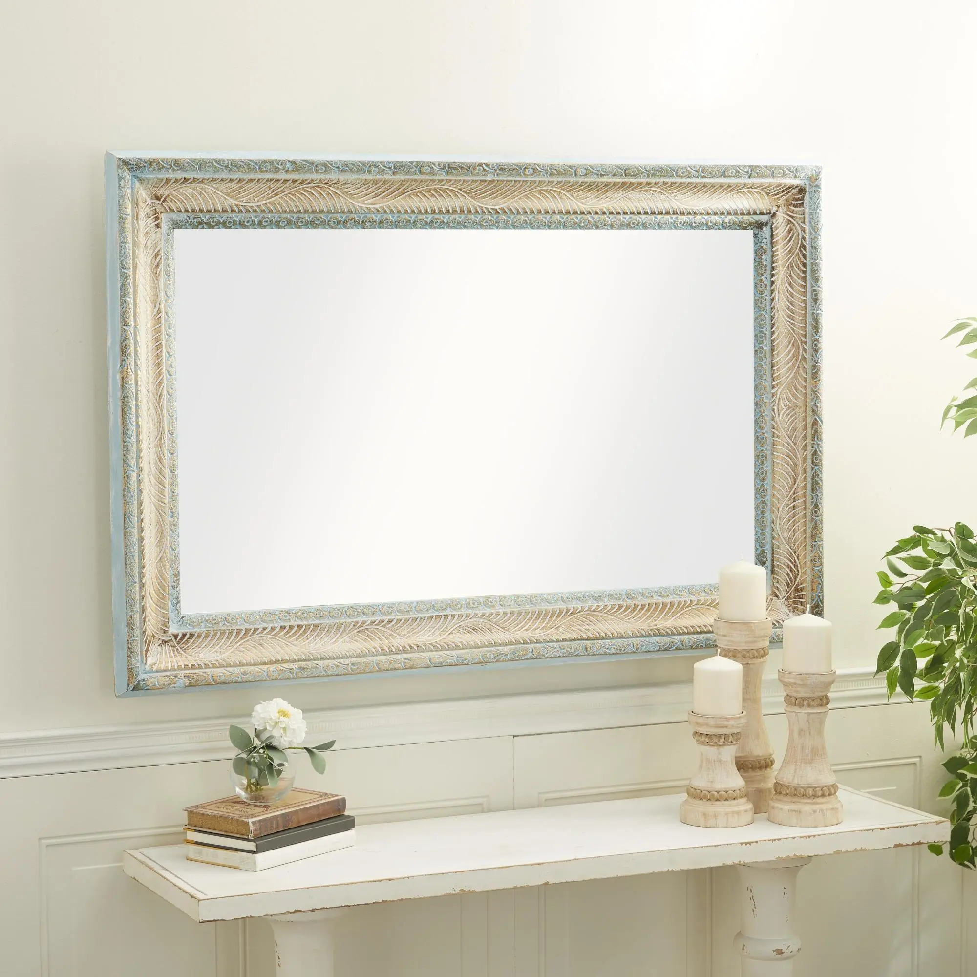 Large Size Fully Assembled Rectangle Floral White Wooden MDF Carved Frame Wall Mirror - Durable Vine Farmhouse Decor, 32l x 2.50w x 48h Inches, Single Carton Packaged for Entryway