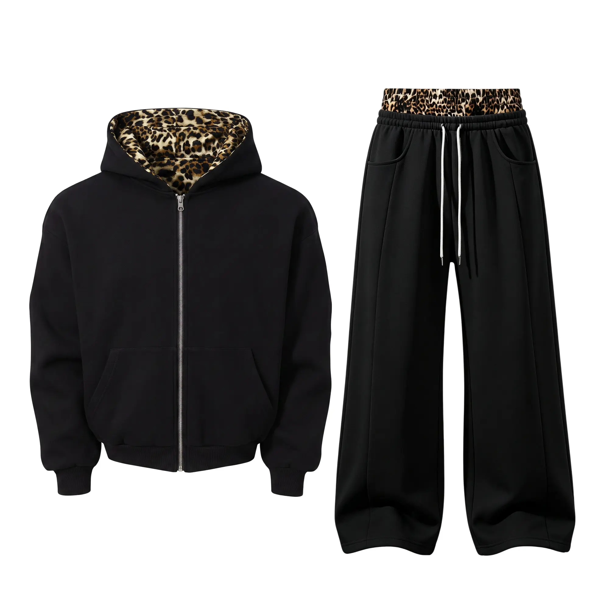 Unisex leopard-print reversible hooded sweatshirt set, 2-piece cotton blend featuring a zip-up jacket + baggy wide-leg sweatpants, oversized loose fit, street sporty style, comfortable for everyday autumn wear.