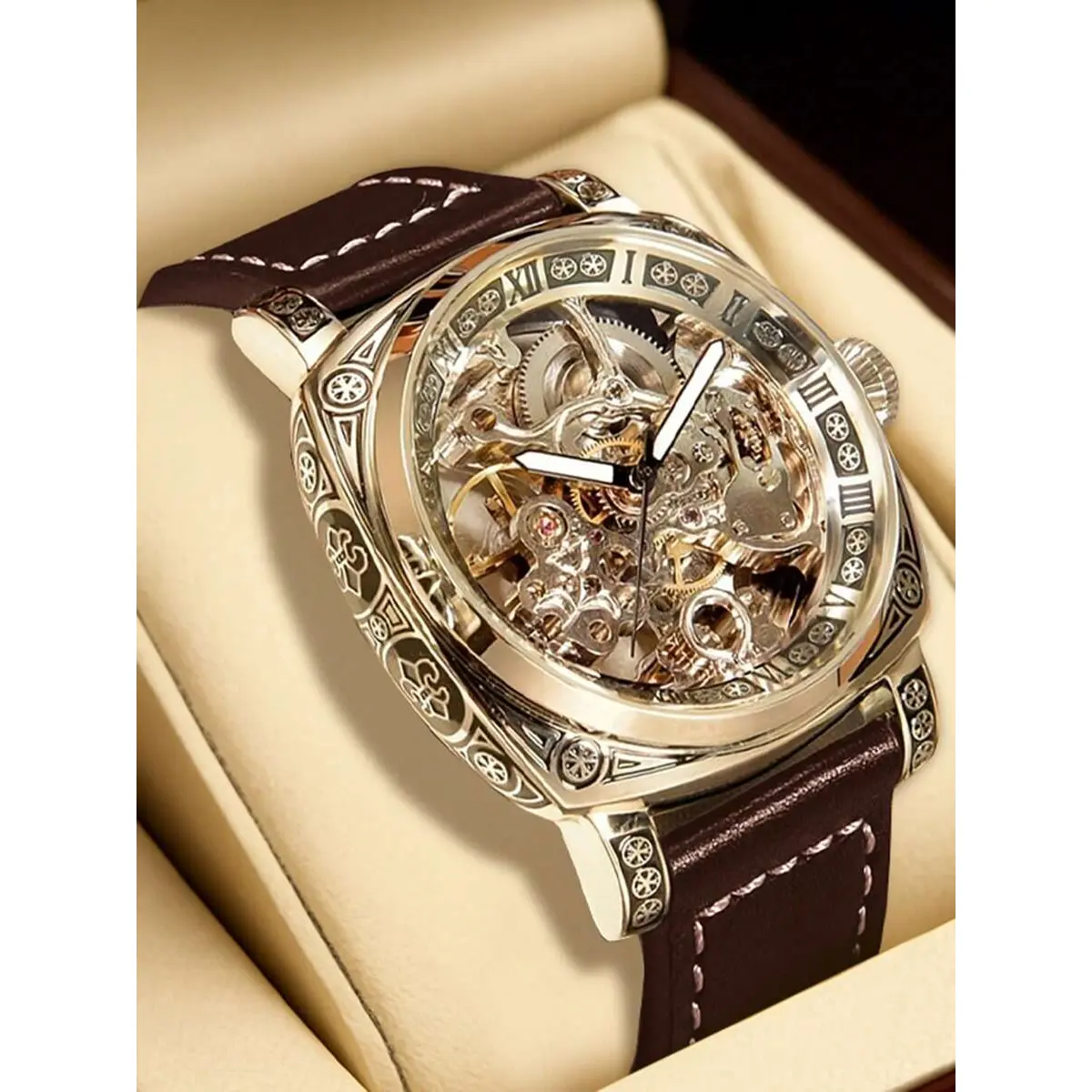 1pc Automatic Skeleton Watch For Men, Luxury Tourbillon Mechanical Watch With Brown Leather Strap