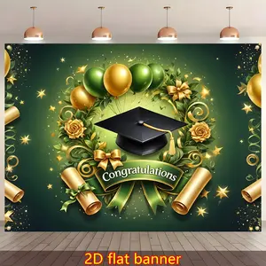 A Graduation Season Backdrop Featuring a Green Wreath And Roses, Balloons, And Patterns of Graduation Caps, Serving As Props for Celebratory Photos. Made of Polyester, This Happy Graduation Banner Is Perfect for Party Decorations
