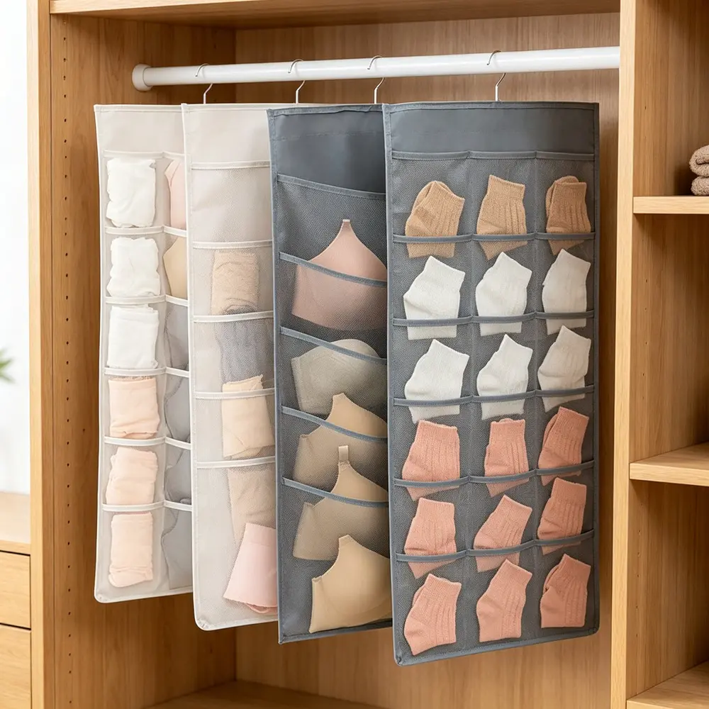 30-Pocket Hanging Closet Garment Organizer Hanger - Dual-Sided Oxford Fabric Eco-Friendly Clothes Storage Bags for Bras, Accessories, Closet Rod, Storeroom, Bathroom Home Supplies