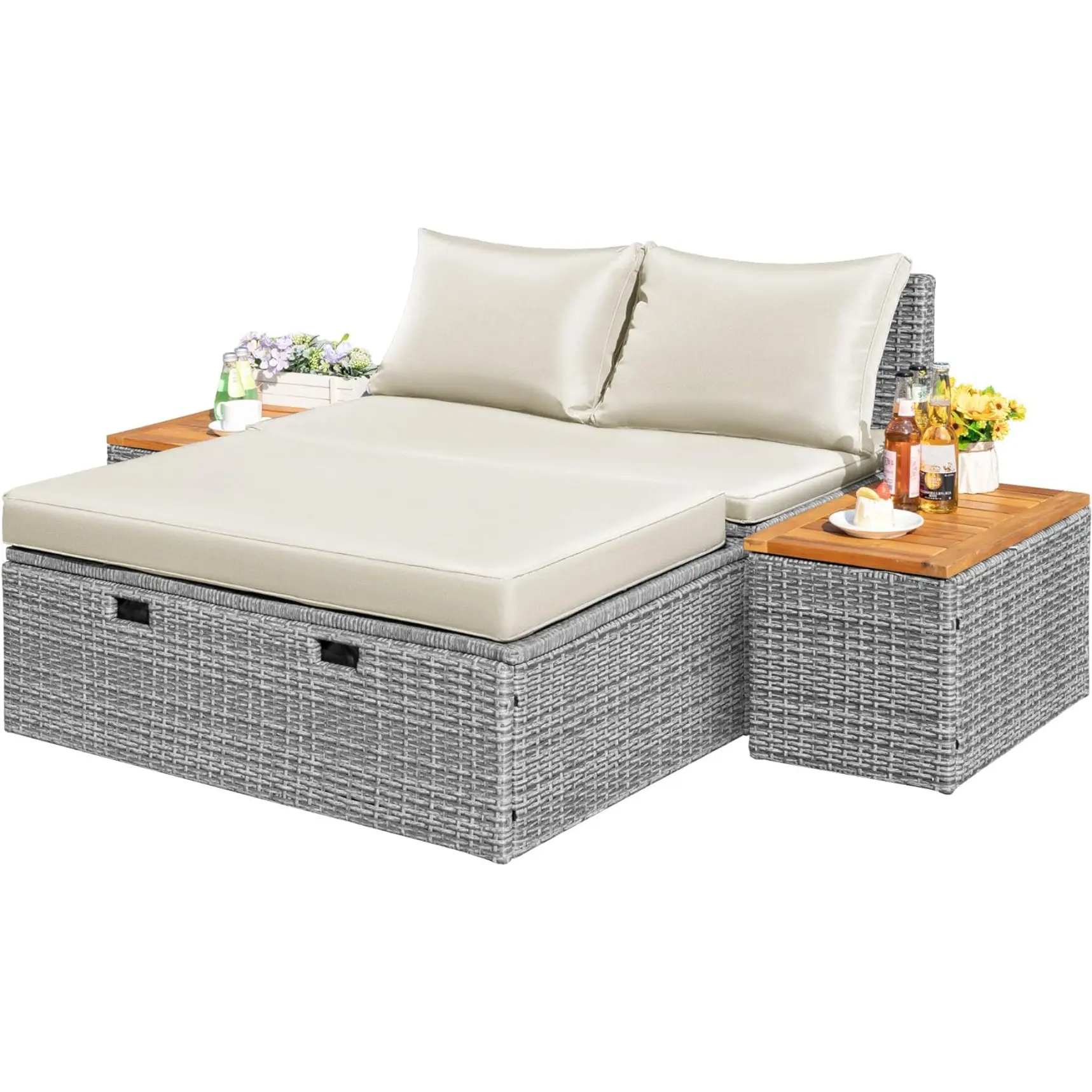 Outdoor Rattan Lounge Chair with 2 Side Tables, Multifunctional Outdoor Patio Daybed with Footrest, Cushions, Storage Ottoman,Chaise Lounge Chair for Backyard Porch Poolside(Beige)Lazy sofa recliner Summer essential leisure recliner