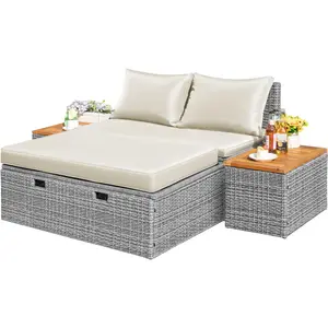 Outdoor Rattan Lounge Chair with 2 Side Tables, Multifunctional Outdoor Patio Daybed with Footrest, Cushions, Storage Ottoman,Chaise Lounge Chair for Backyard Porch Poolside(Beige)Lazy sofa recliner Summer essential leisure recliner