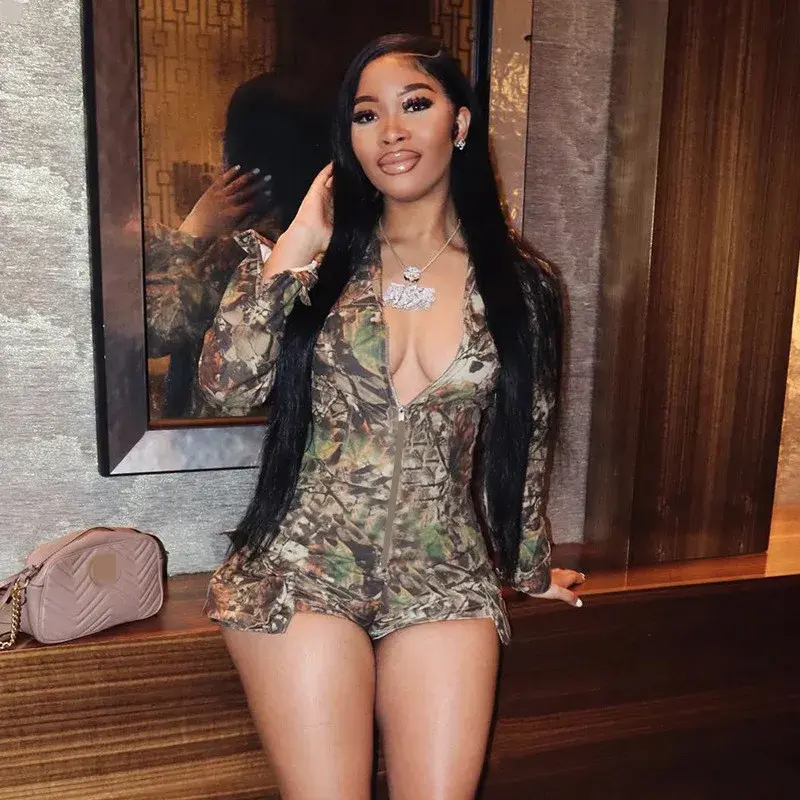 two-piece set woman Sexy V-Neck Camouflage Print Shorts Jumpsuit Women Long Sleeve Zipper Slim Fit Pockets One Piece Rompers 2025 Y2k Street Clothes