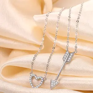 OIDEA Sterling Silver-Tone Cupid's Arrow Double Layer Heart Necklace with Premium Rhinestone Women Gift