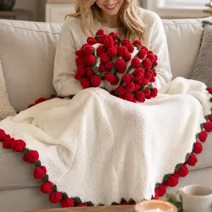 43in Round 3D Rose Convertible Bouquet Blanket, Handmade Polyester Crochet Throw with Fine Stitching, Soft Warm All-Season Blanket, Home Decor for Sofa & Living Room, Mothers Day Gift for Mom Wife