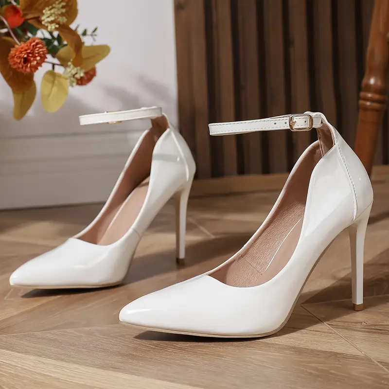 Elegant Women's Stiletto Heels - Sleek White, Pointed Toe With Ankle Strap, Versatile Dress Pumps For All Seasons