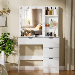 10 LED Mirror Vanity Desk with 4 Drawers Makeup Dressing Table For Girls Bedroom Dresser Desk White