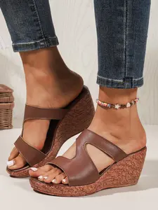 Summer New Fashion Elegant Hollow Out Wedge Heel Thick Sole Shoes, Round Toe Heightening Beach Vacation Sandals, Four Colors Available, Footwear