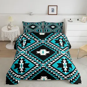 Western Boho Bedding Sets,Teal Black Aztec Comforter Set,Men Southwestern Quilt Bedding,Ethnic Bohemian Geometric Diamond Bed Duvet Set