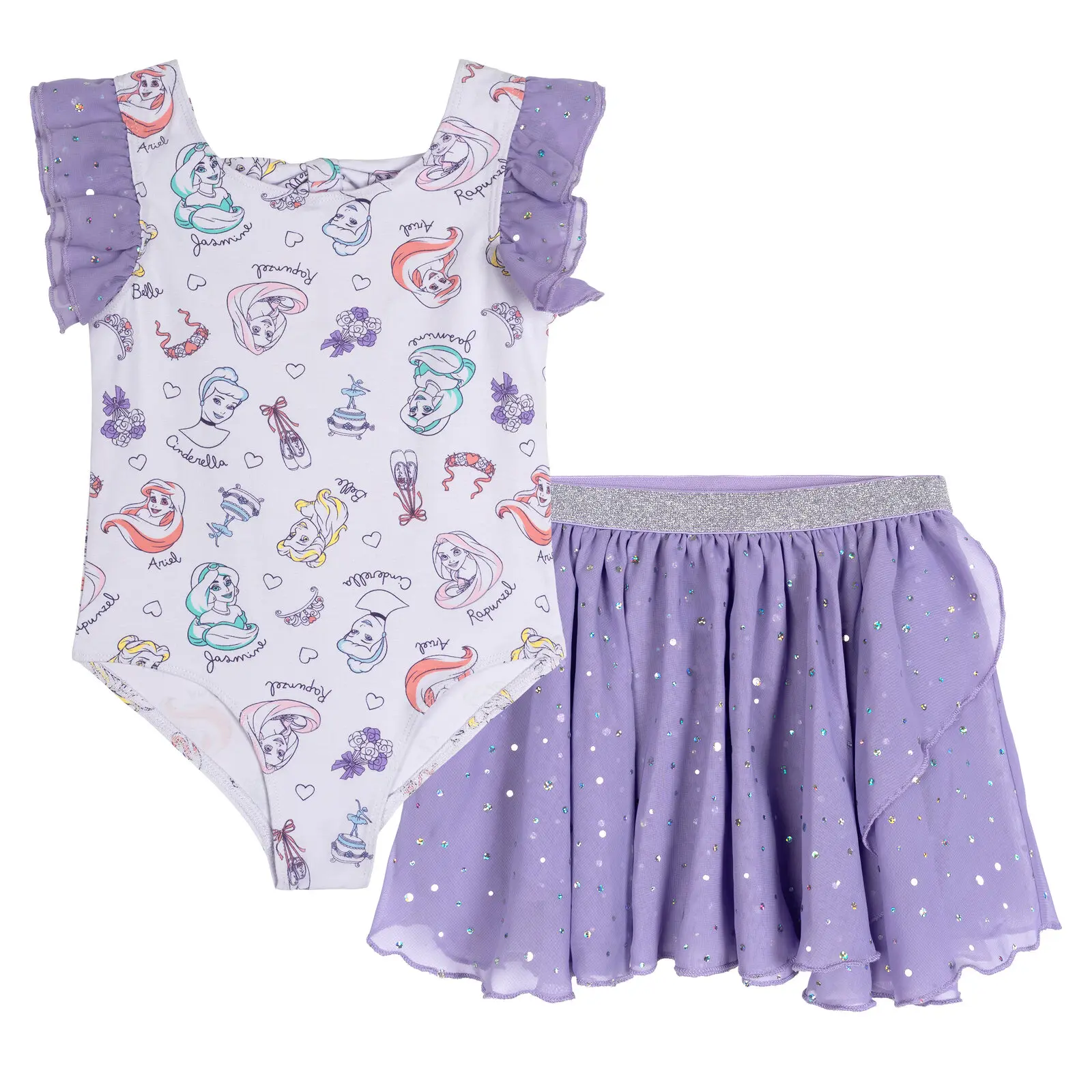 Disney Princess Baby Girls' 2-Piece Jasmine Outfit Set - Lavender Soft Cotton Bodysuit with Glitter Ruffles & Chiffon 2-Piece Tutu Skirt, Stretch Spandex Blend, Foil Dot, for Party & Ballet Class, 0-3 Months, Heavyweight