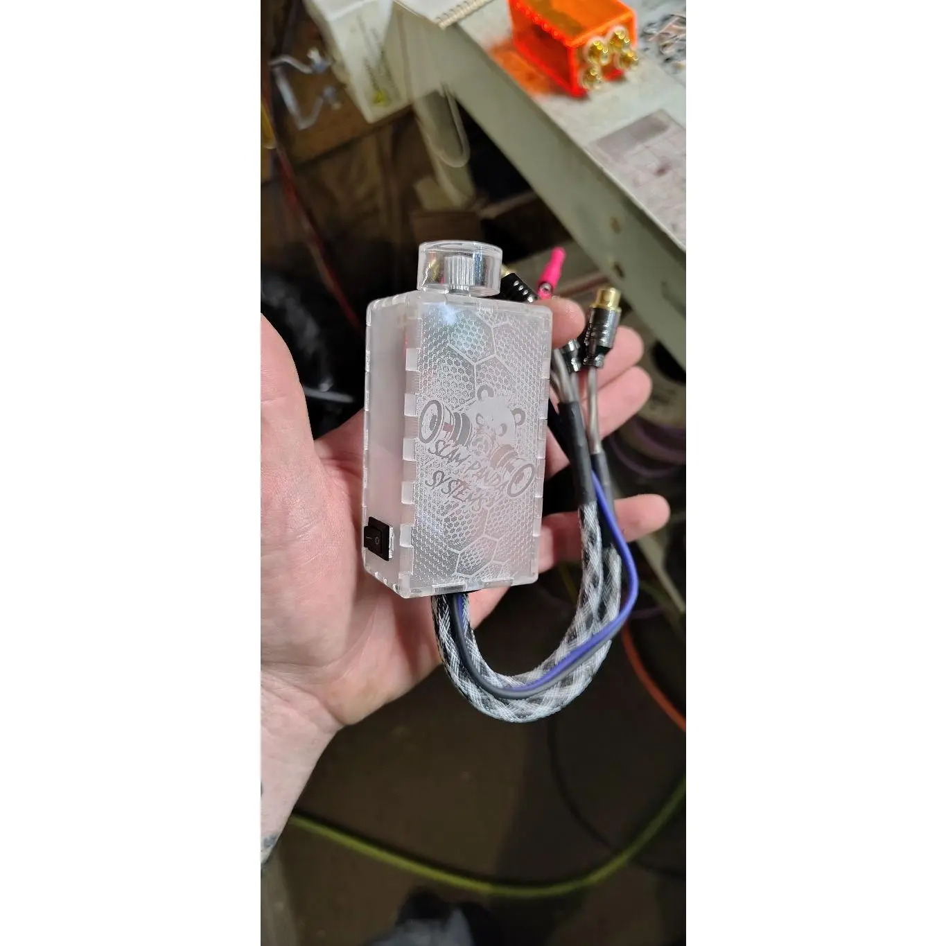 Frosted Acrylic OG Panda Bass Knob with Pink LED 1ft Checkered RCA Leads for Audio Equipment