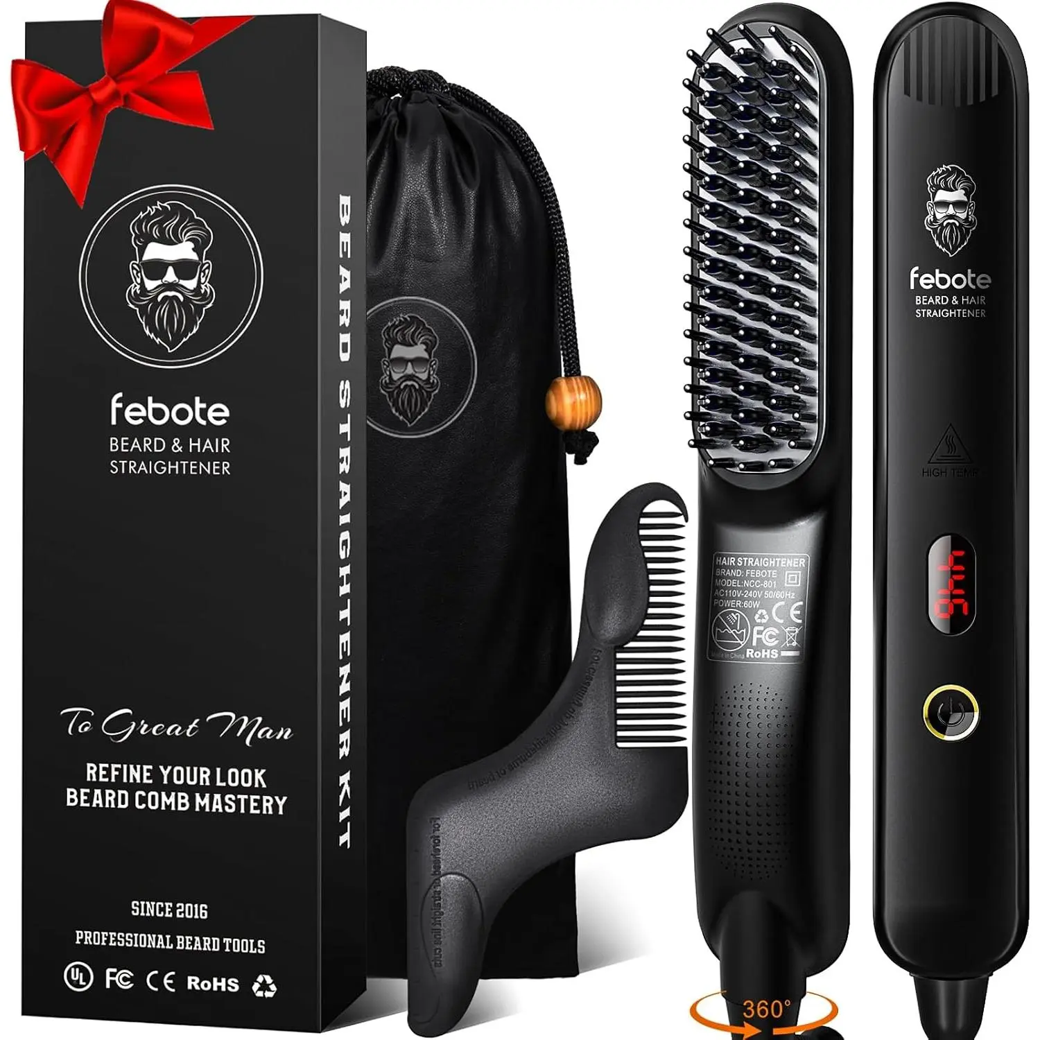 Heated Ionic Hair Straightening Brush - 5 Adjustable Temperature Settings, Anti-Scald Design, Ideal for Beard Shaping & Comes with Travel Bag
